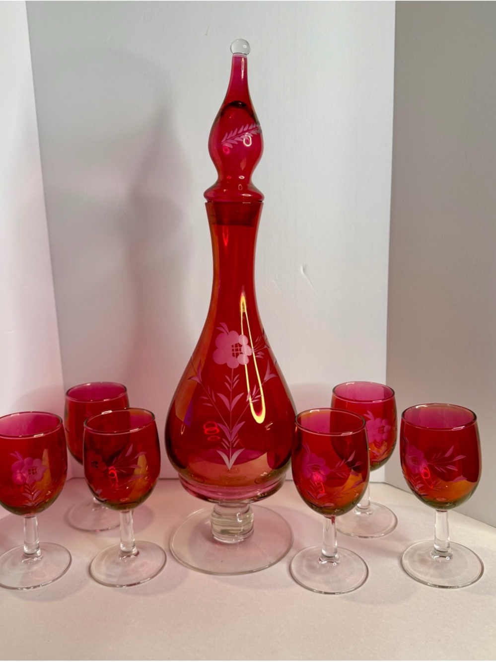 Red Cranberry Glass Decanter Set with Floral Etching with 6 Glasses